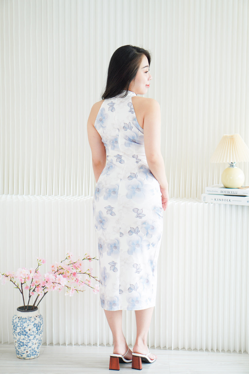 Xiao Lan Long Halter Neck Floral Cheongsam in White and Blue