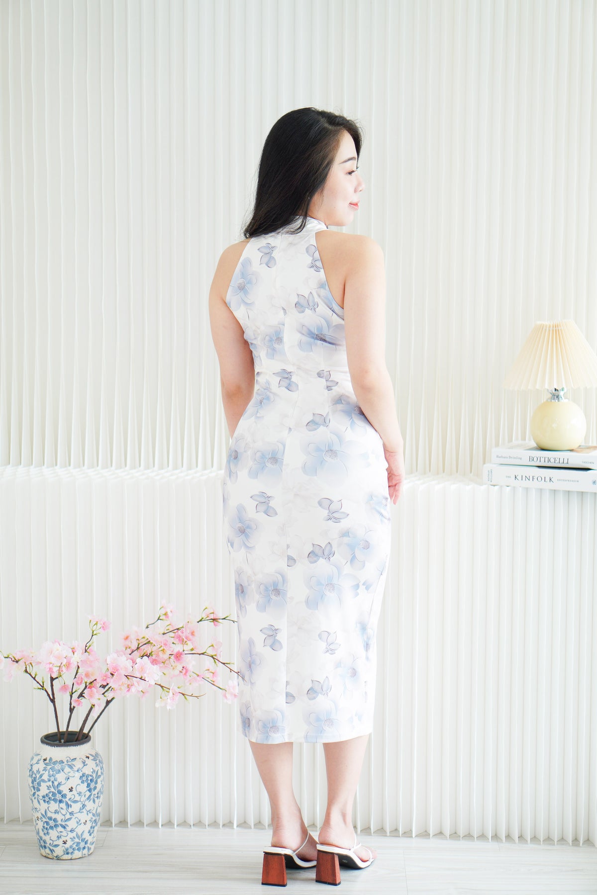 Xiao Lan Long Halter Neck Floral Cheongsam in White and Blue