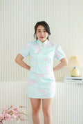 Ting Xi 2 Piece Floral Cheongsam Skirt Set in Teal Blue
