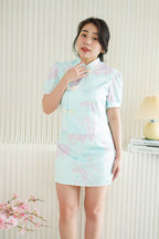 Ting Xi 2 Piece Floral Cheongsam Skirt Set in Teal Blue