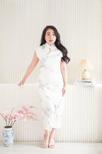 Sui Ru Long Satin Floral Cheongsam in White