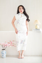 Sui Ru Long Satin Floral Cheongsam in White