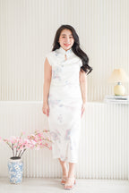 Sui Ru Long Satin Floral Cheongsam in White