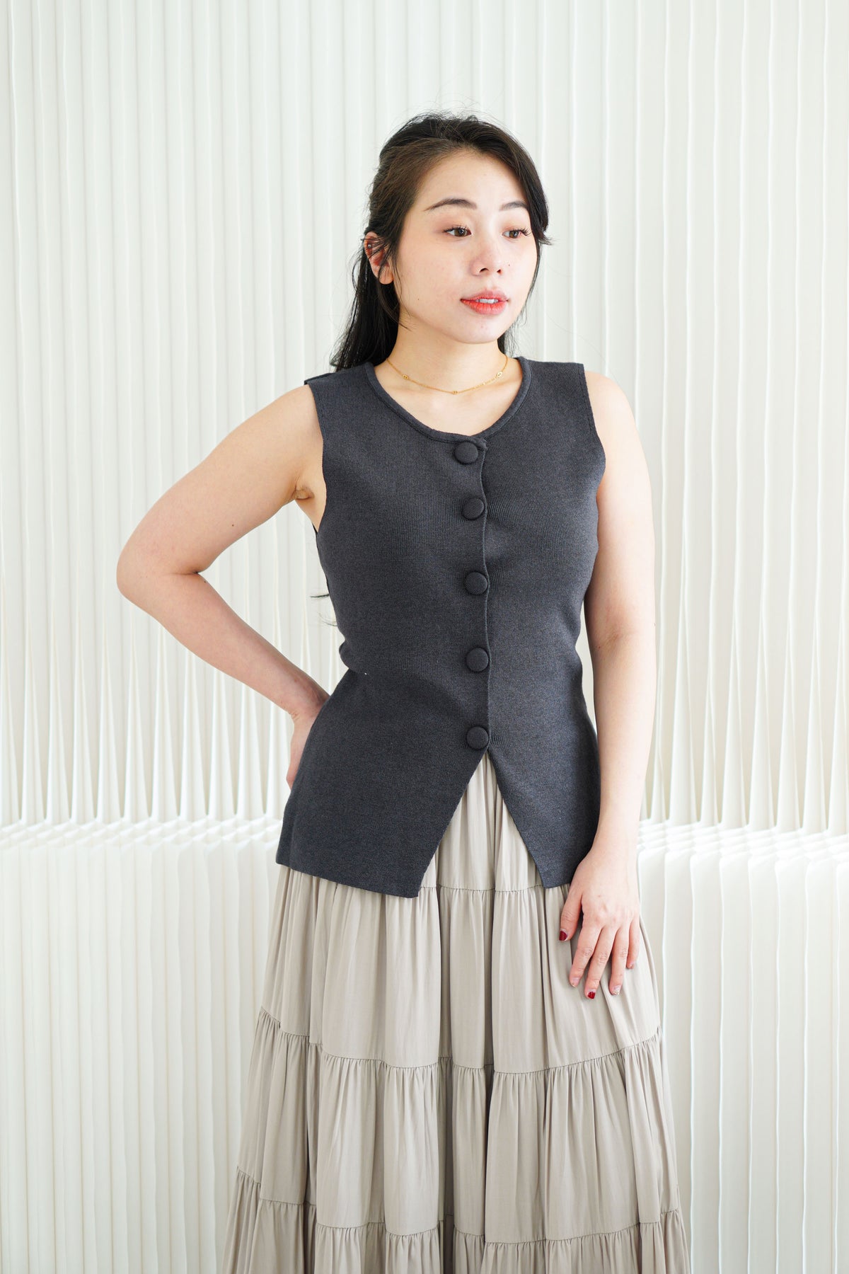Marci Button Round Neck Knit Top in Grey