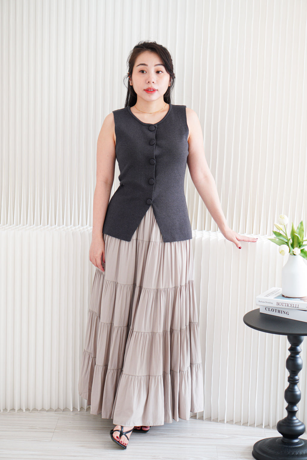 Marci Button Round Neck Knit Top in Grey
