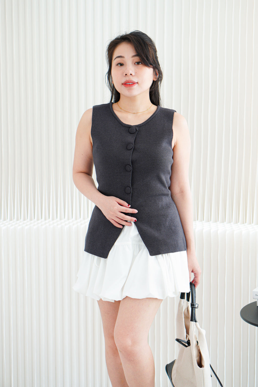 Marci Button Round Neck Knit Top in Grey