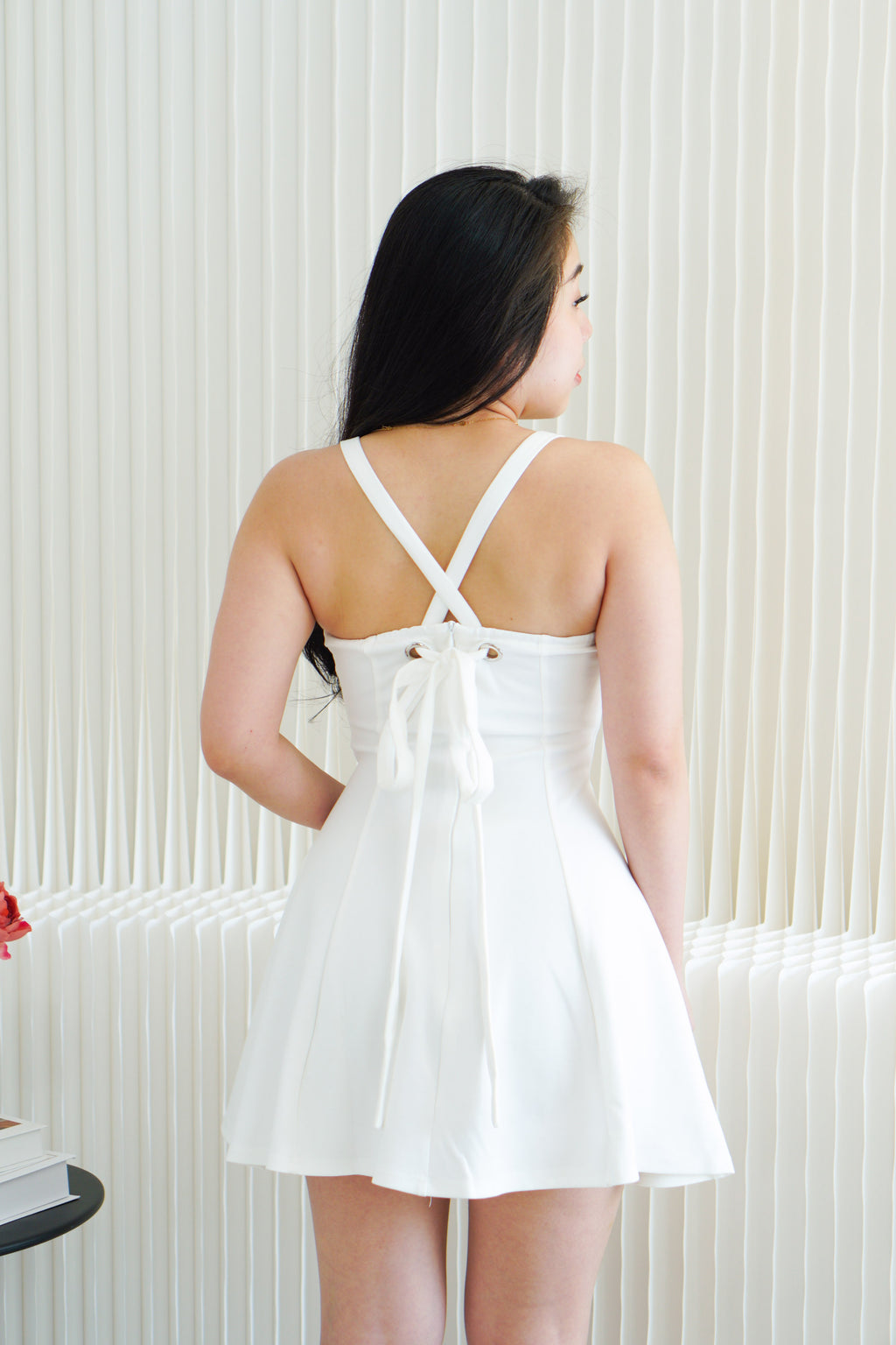 Eliora A-line Structured Mini Crossback Dress in White