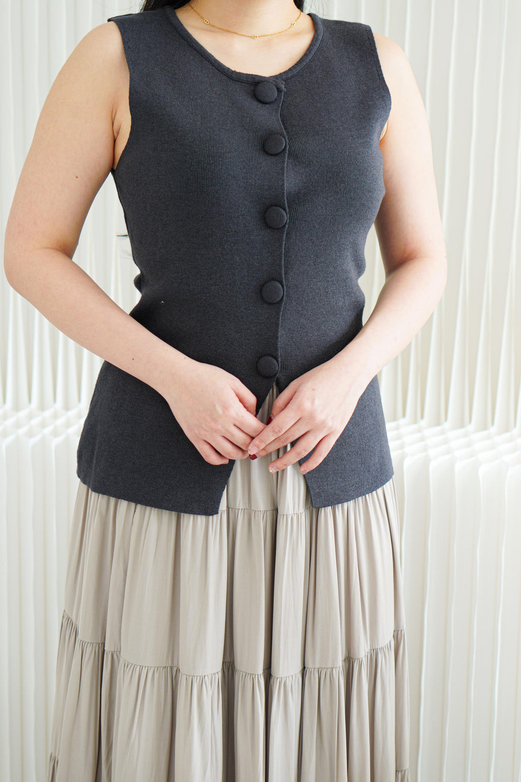 Marci Button Round Neck Knit Top in Grey