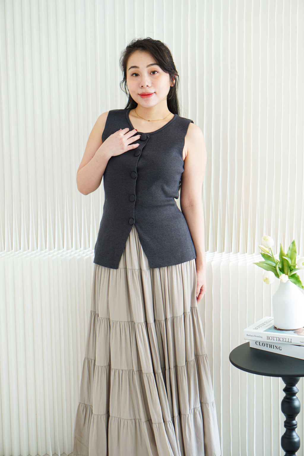 Marci Button Round Neck Knit Top in Grey
