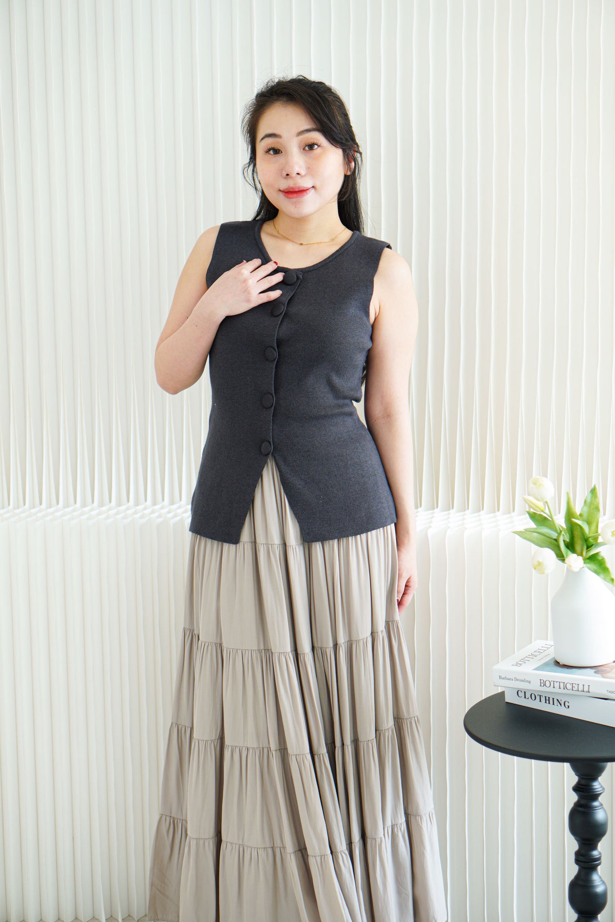 Marci Button Round Neck Knit Top in Grey