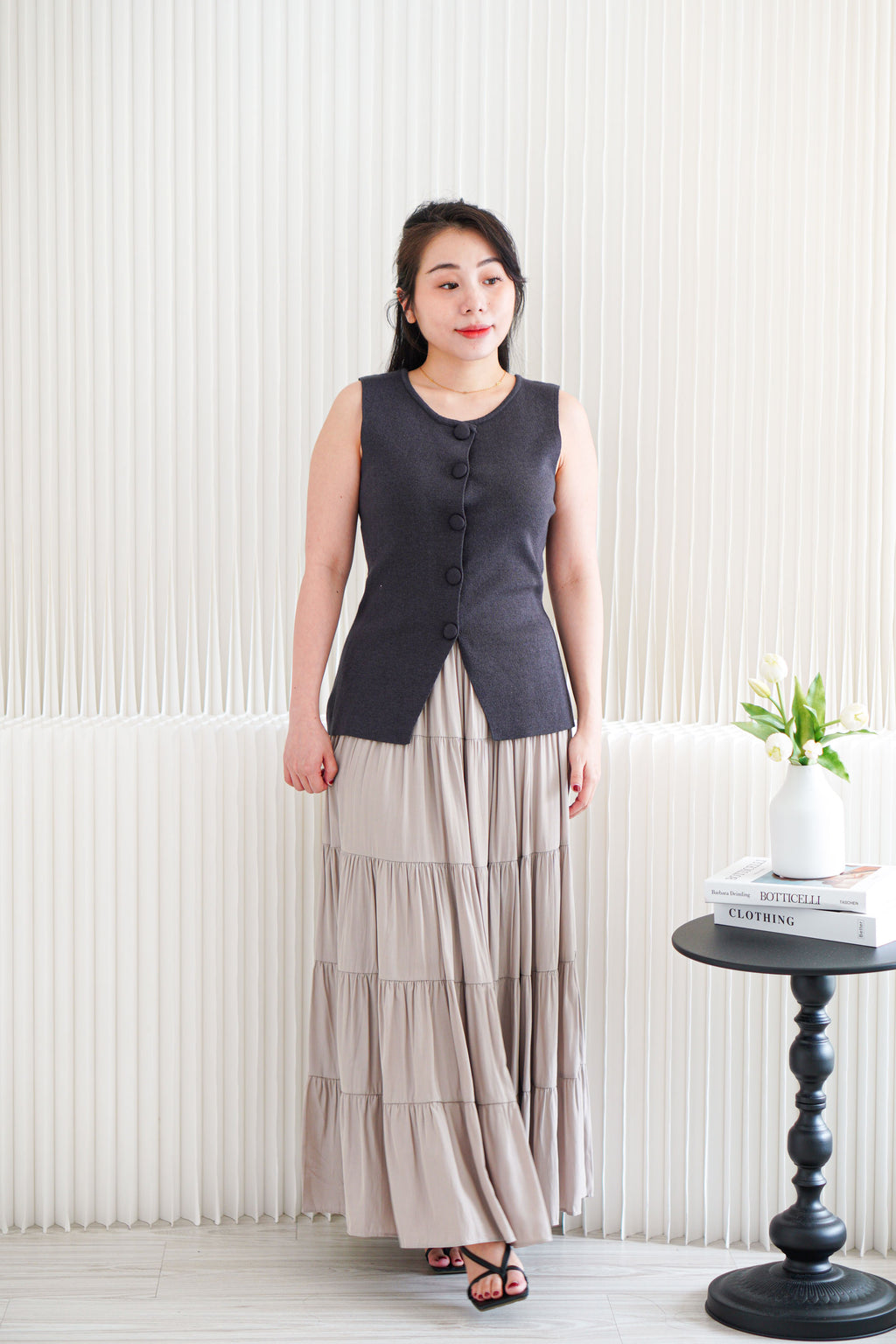 Marci Button Round Neck Knit Top in Grey