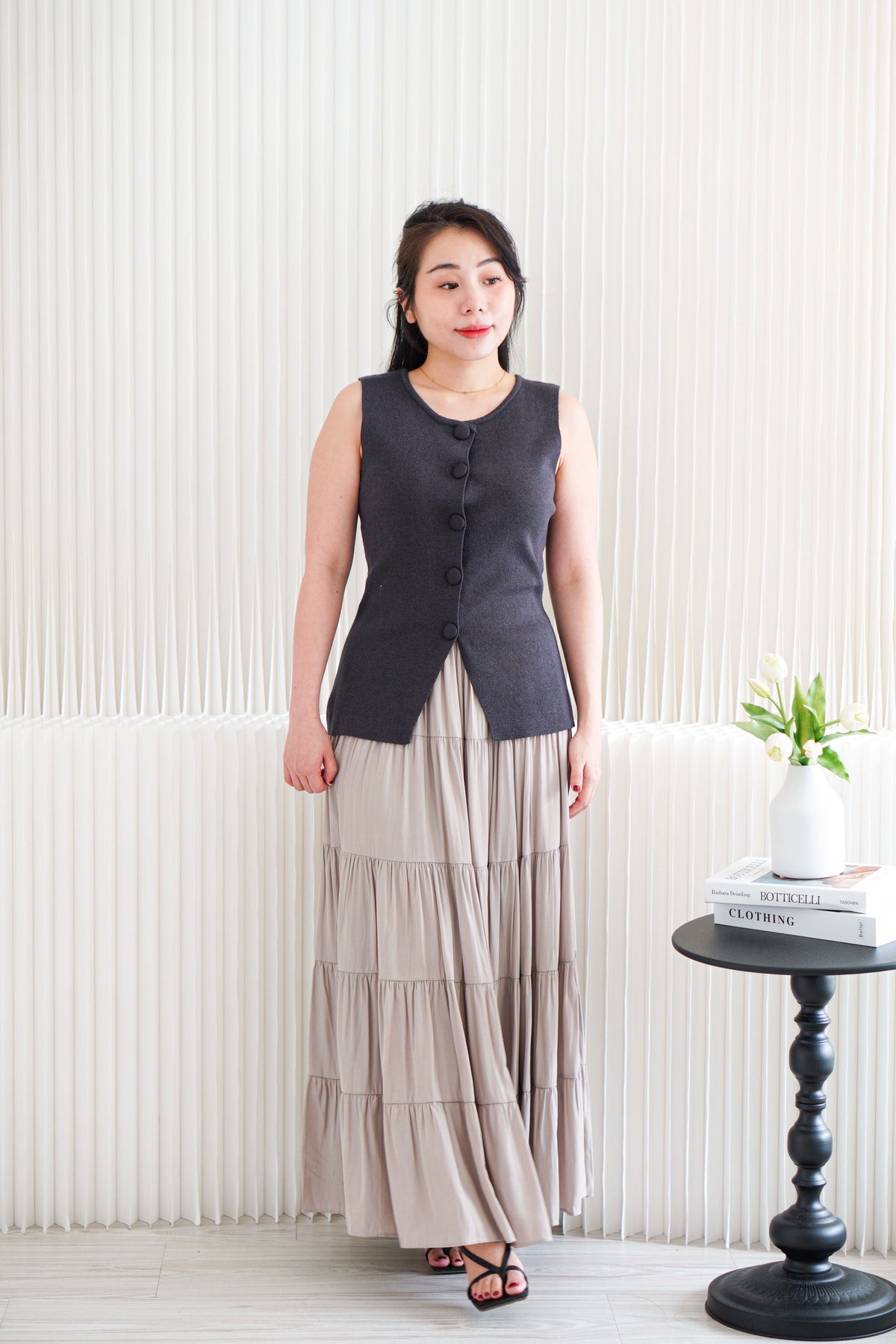 Marci Button Round Neck Knit Top in Grey