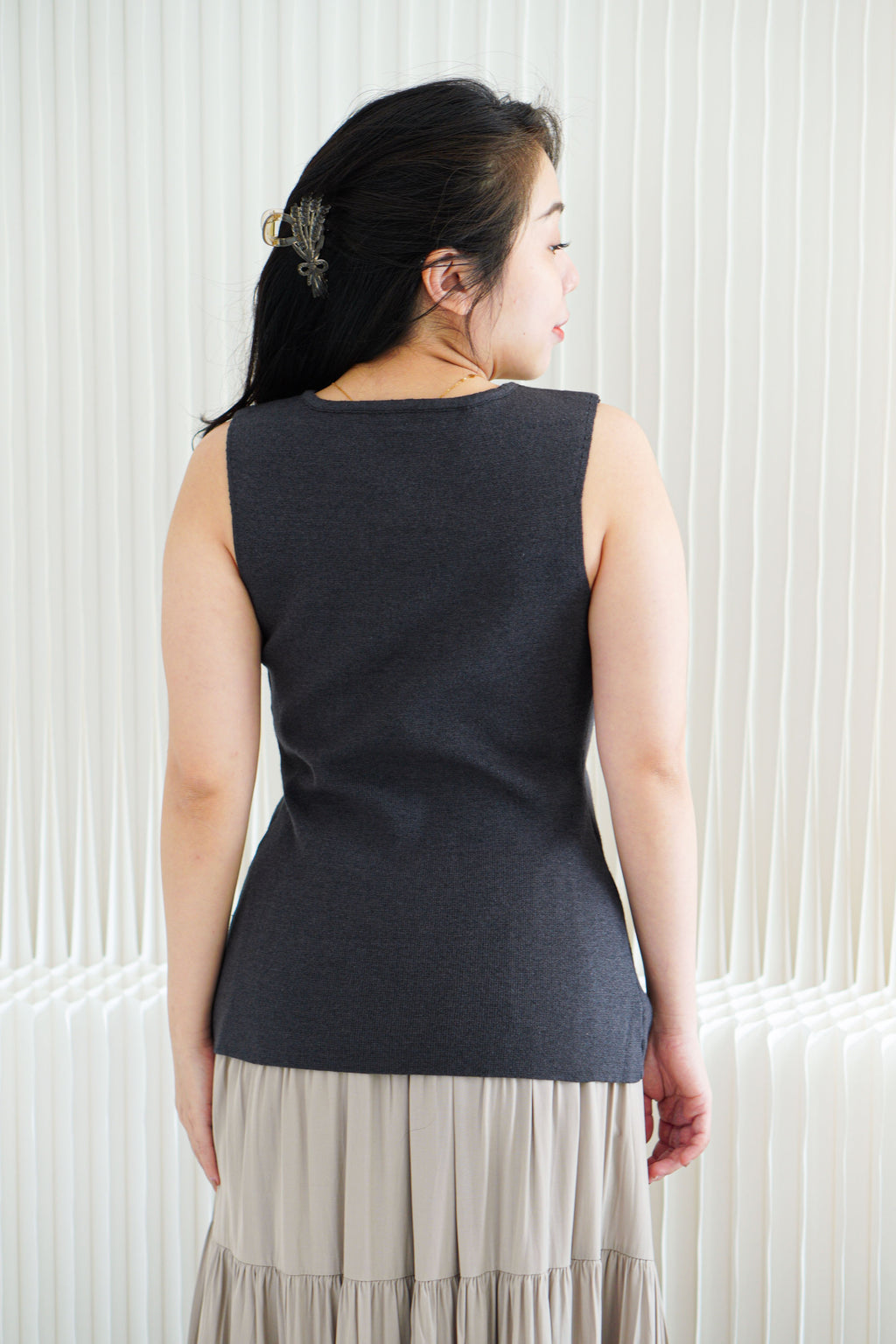 Marci Button Round Neck Knit Top in Grey