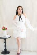 Anastasia Halter Drop Shoulder with Ribbon Dress in White