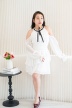 Anastasia Halter Drop Shoulder with Ribbon Dress in White