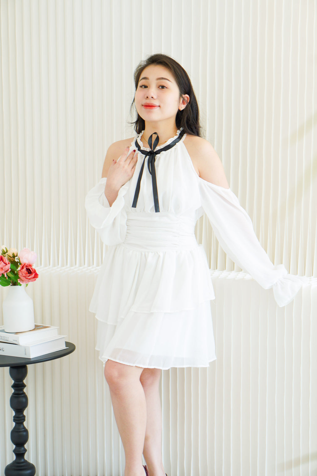 Anastasia Halter Drop Shoulder with Ribbon Dress in White