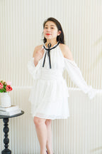 Anastasia Halter Drop Shoulder with Ribbon Dress in White