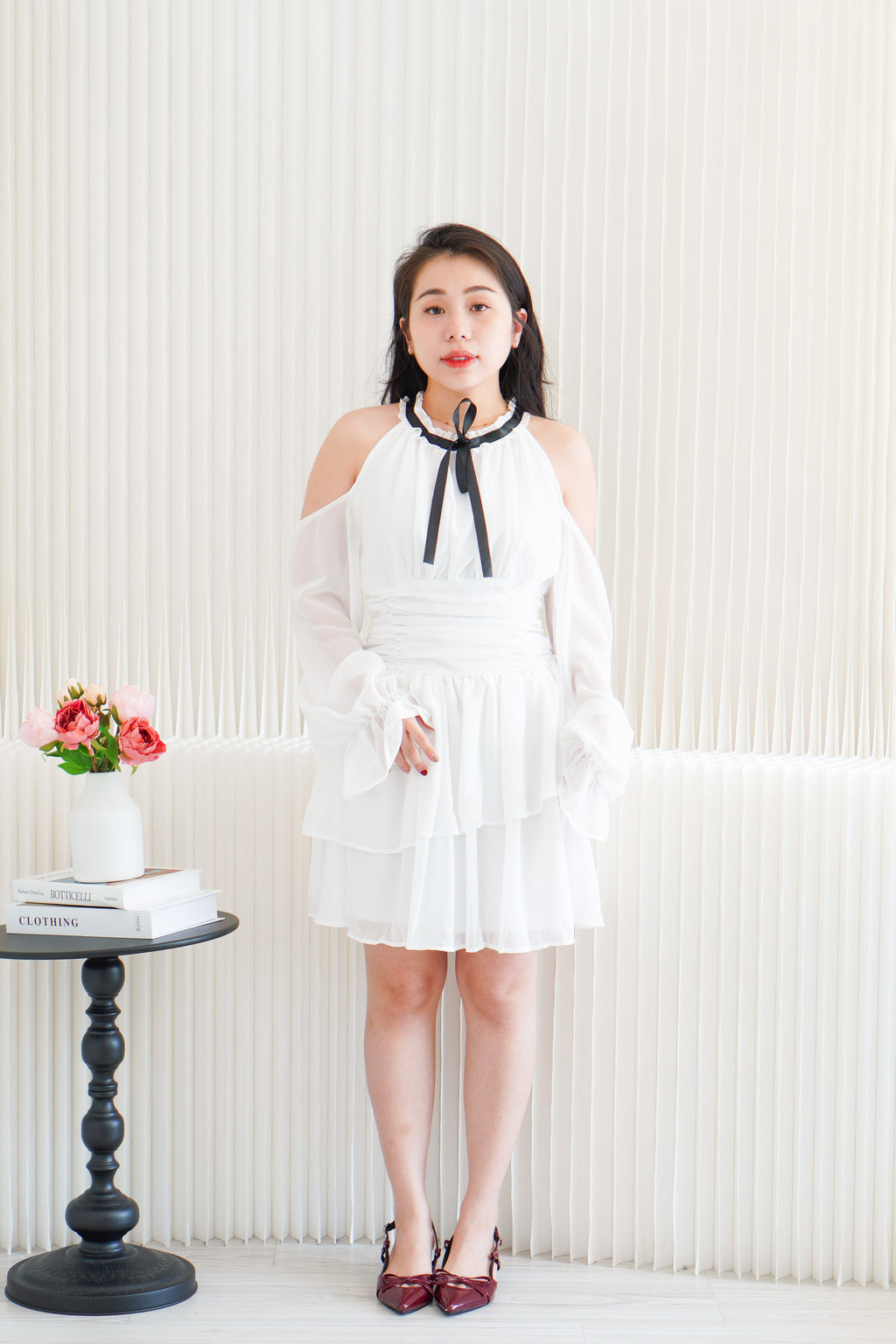 Anastasia Halter Drop Shoulder with Ribbon Dress in White