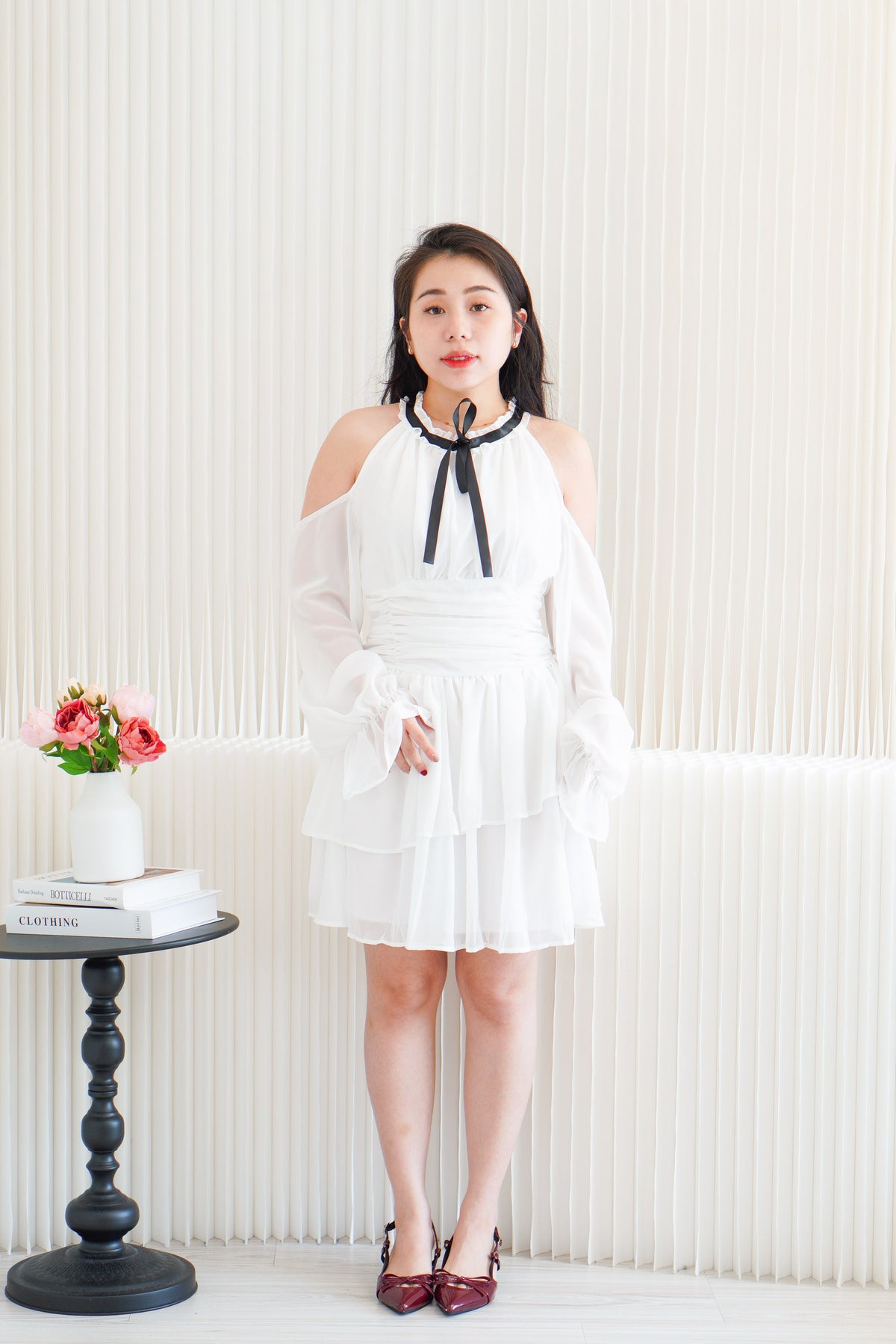 Anastasia Halter Drop Shoulder with Ribbon Dress in White