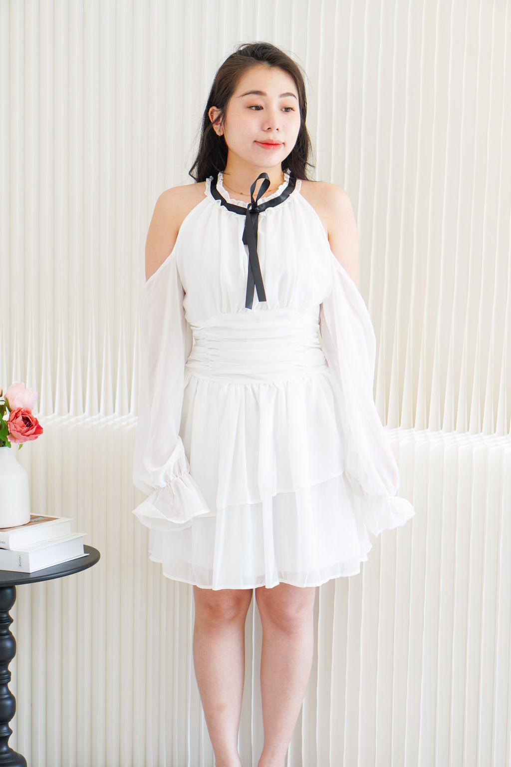 Anastasia Halter Drop Shoulder with Ribbon Dress in White