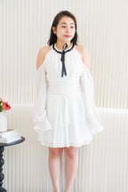 Anastasia Halter Drop Shoulder with Ribbon Dress in White
