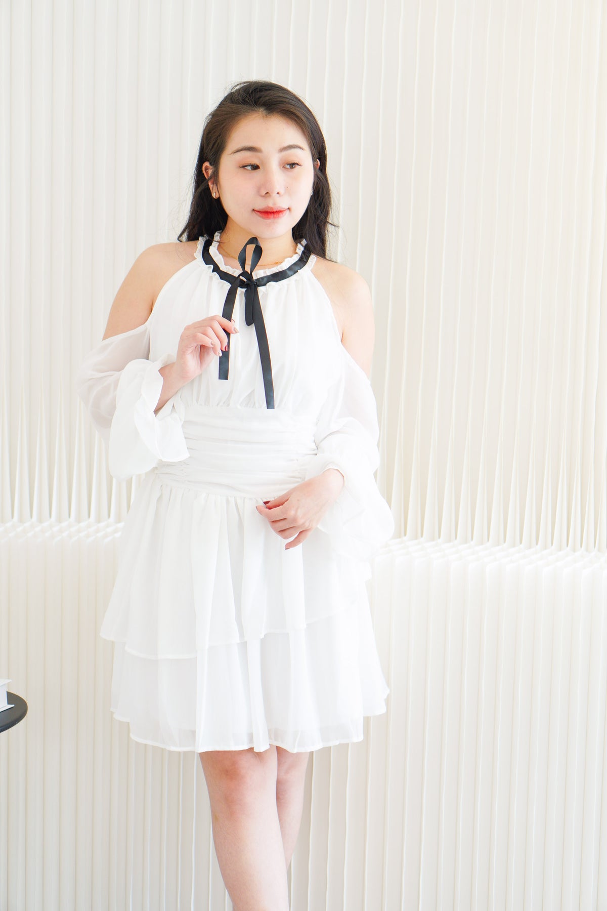 Anastasia Halter Drop Shoulder with Ribbon Dress in White