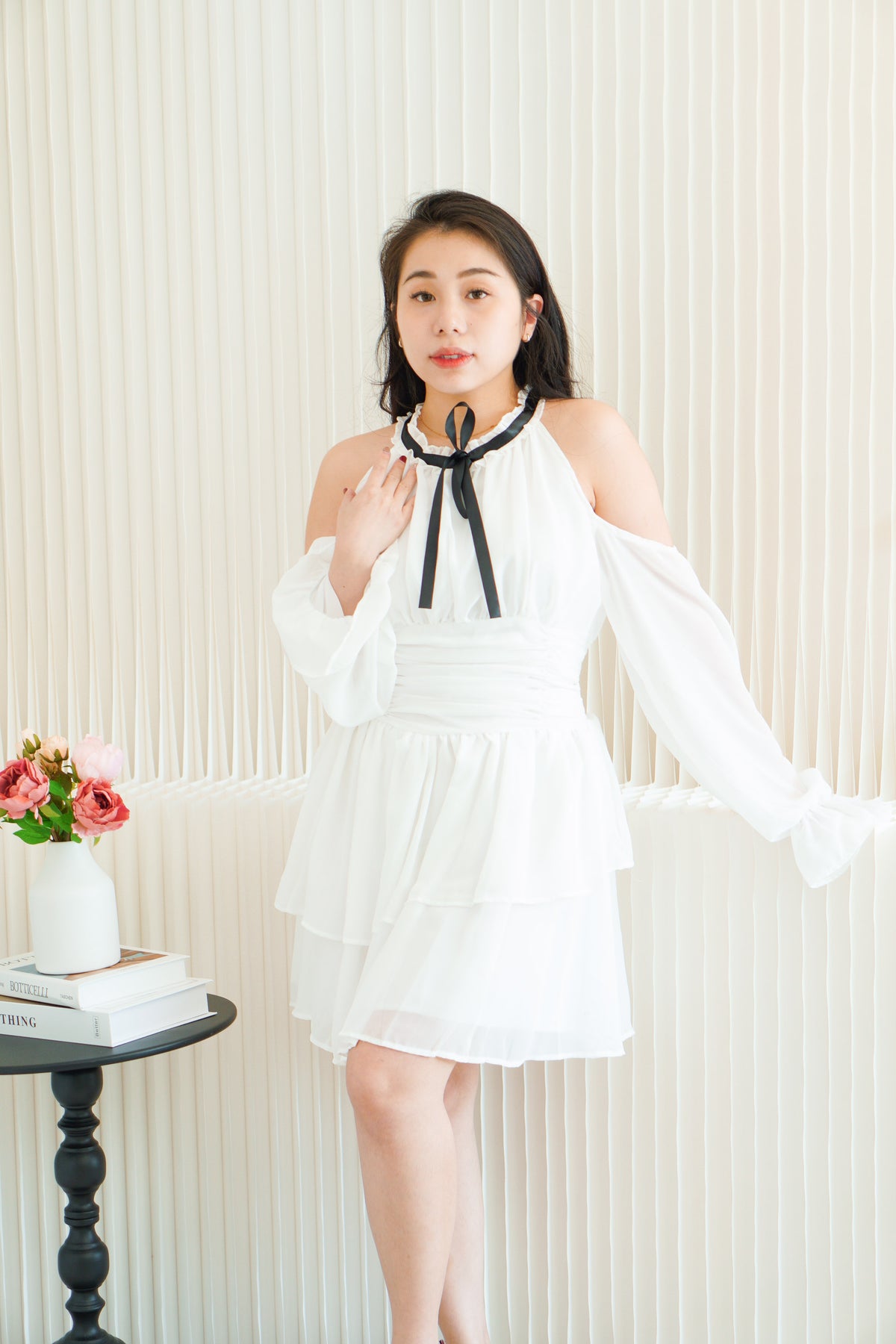 Anastasia Halter Drop Shoulder with Ribbon Dress in White