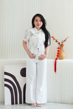 Liang Xi Floral Cheongsam Top in White with Green