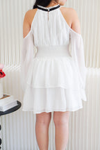 Anastasia Halter Drop Shoulder with Ribbon Dress in White