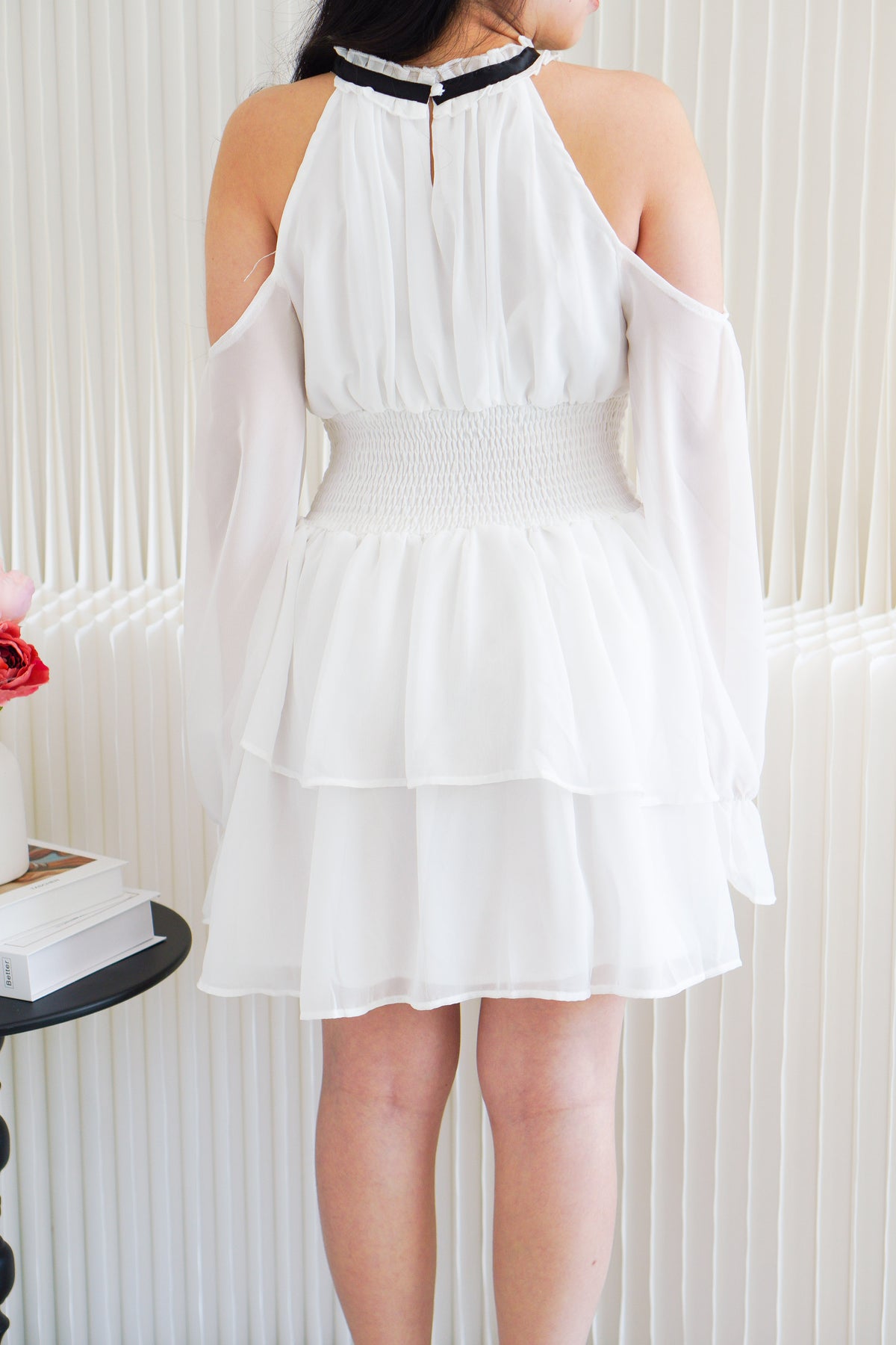 Anastasia Halter Drop Shoulder with Ribbon Dress in White