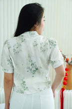 Liang Xi Floral Cheongsam Top in White with Green