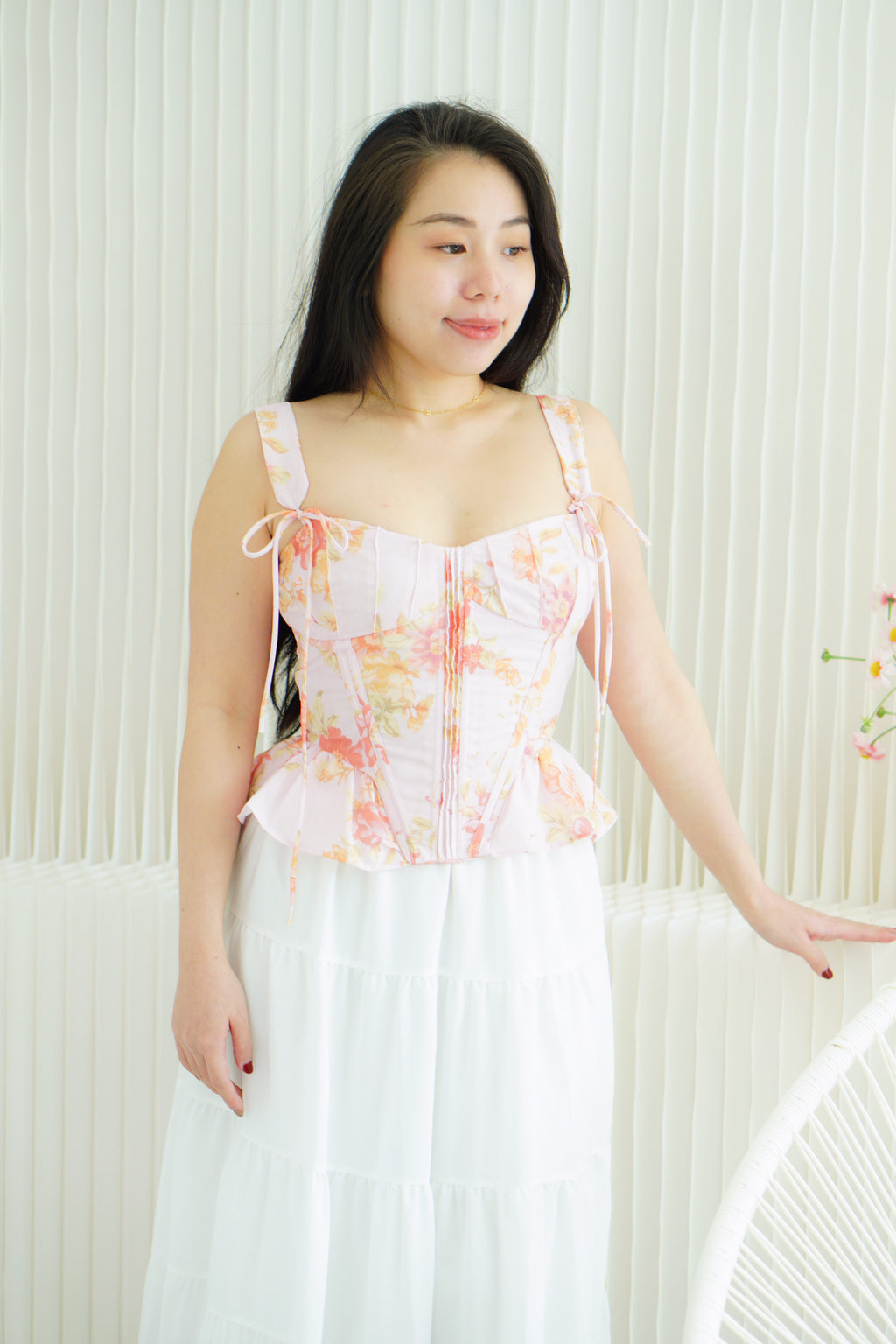 Eulalie Floral Self Tied Corset Peplum Top in Pink