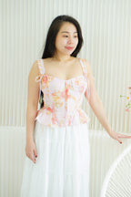 Eulalie Floral Self Tied Corset Peplum Top in Pink