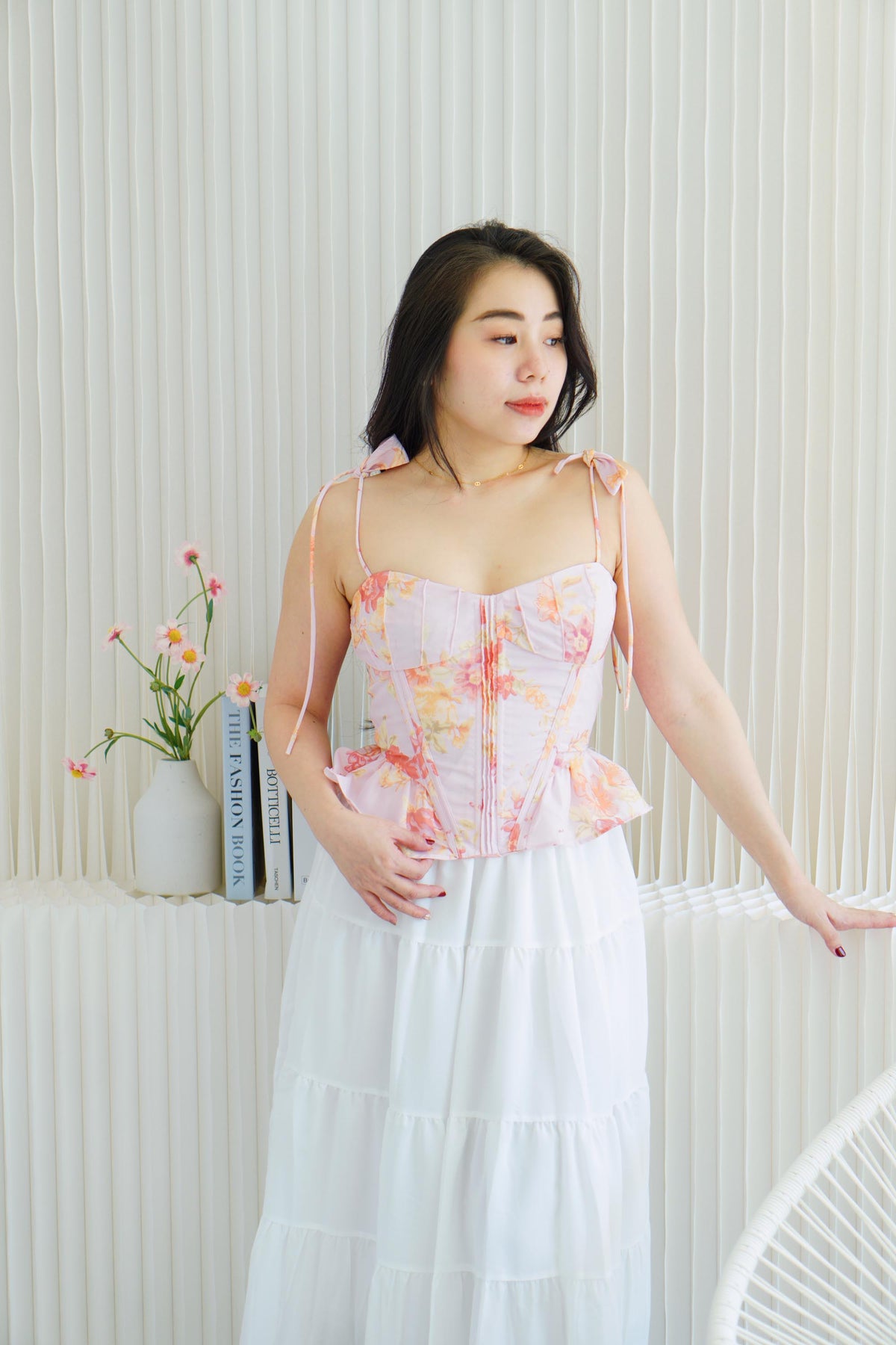 Eulalie Floral Self Tied Corset Peplum Top in Pink