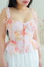 Eulalie Floral Self Tied Corset Peplum Top in Pink