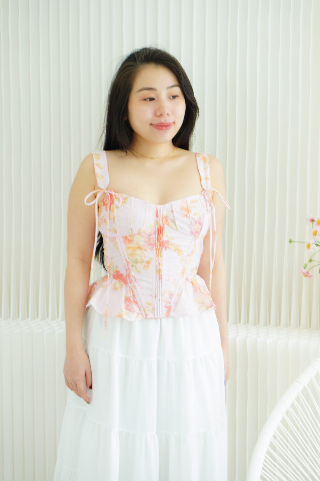 Eulalie Floral Self Tied Corset Peplum Top in Pink