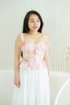 Eulalie Floral Self Tied Corset Peplum Top in Pink
