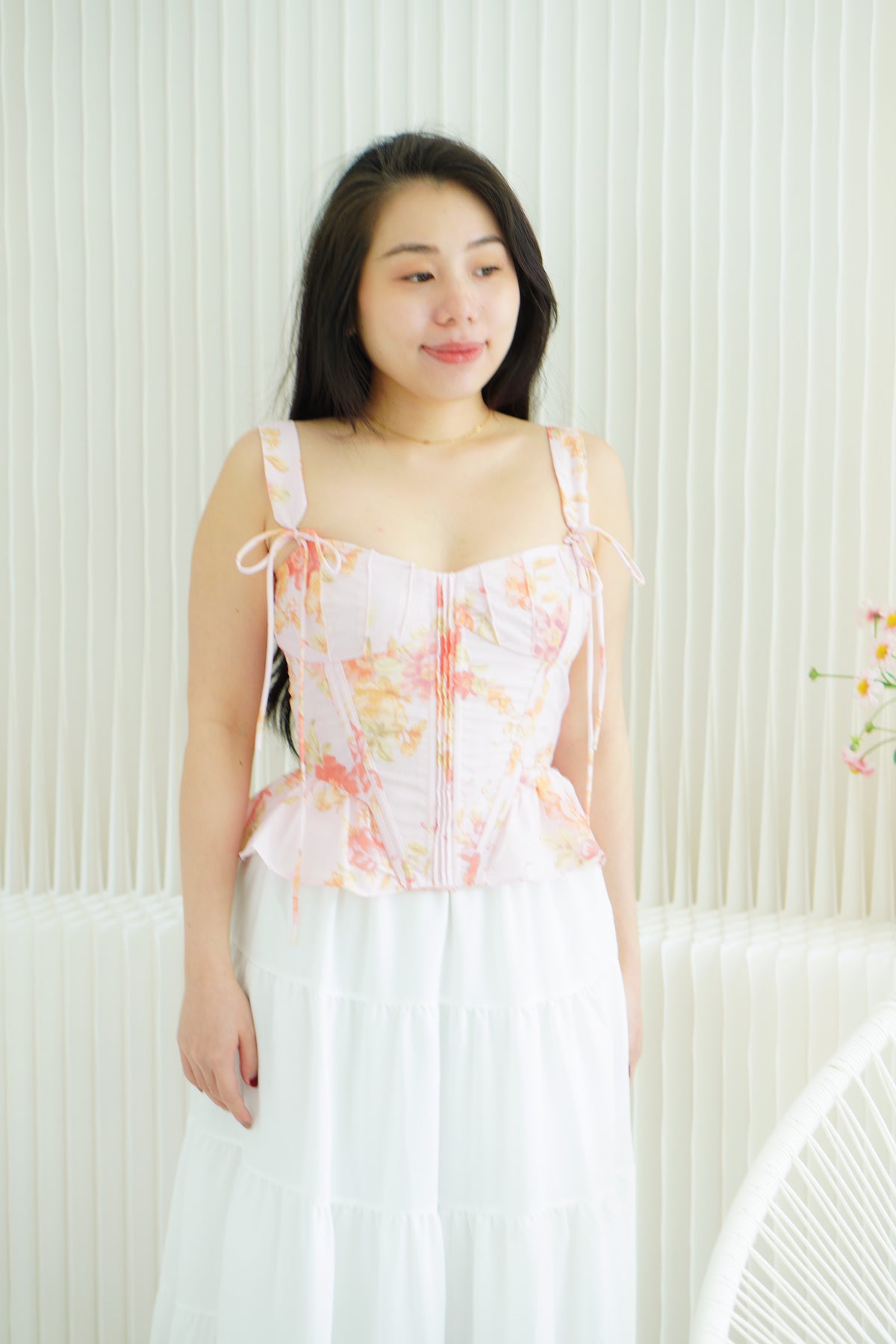 Eulalie Floral Self Tied Corset Peplum Top in Pink