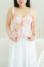 Eulalie Floral Self Tied Corset Peplum Top in Pink