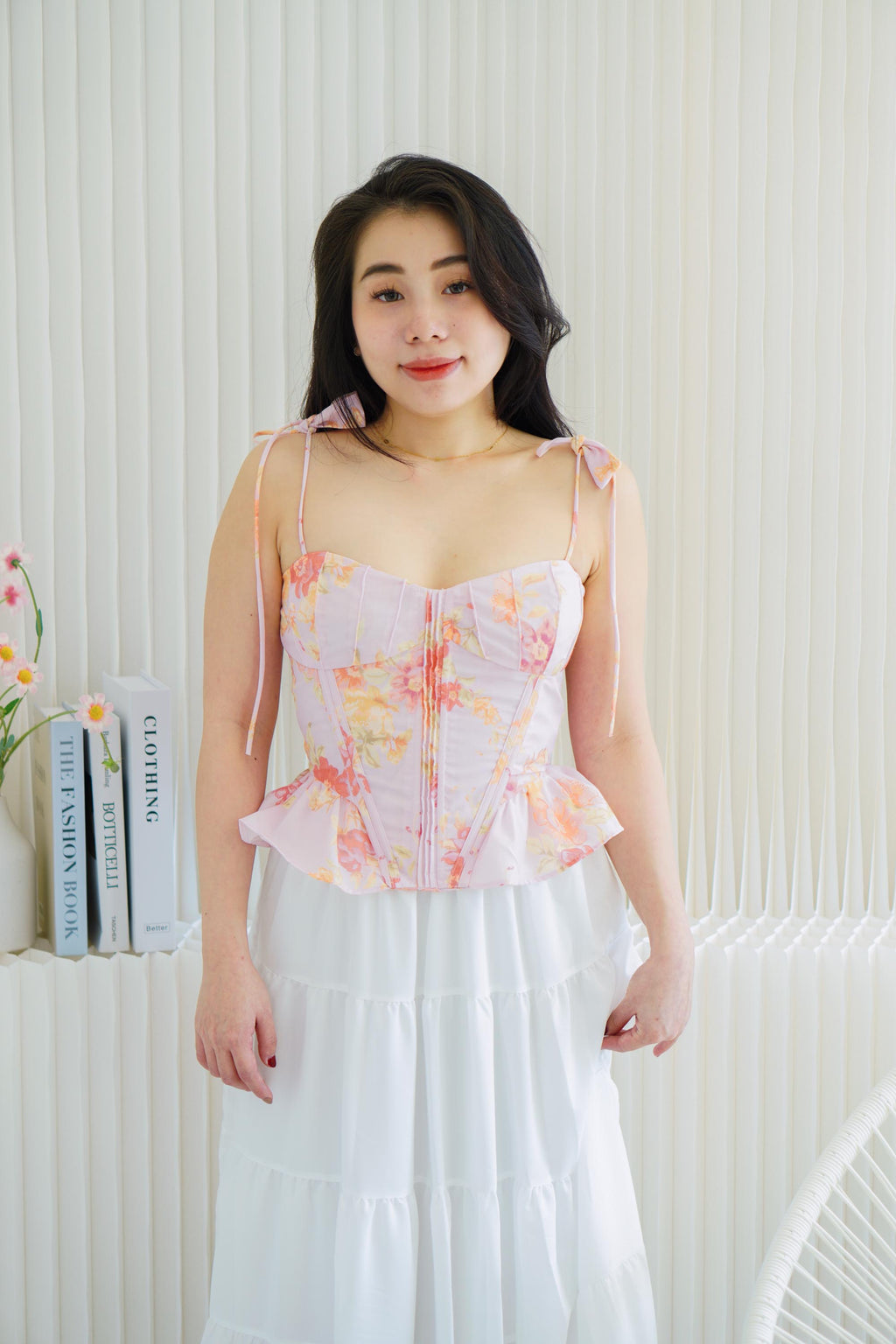Eulalie Floral Self Tied Corset Peplum Top in Pink