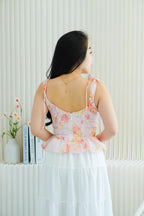 Eulalie Floral Self Tied Corset Peplum Top in Pink
