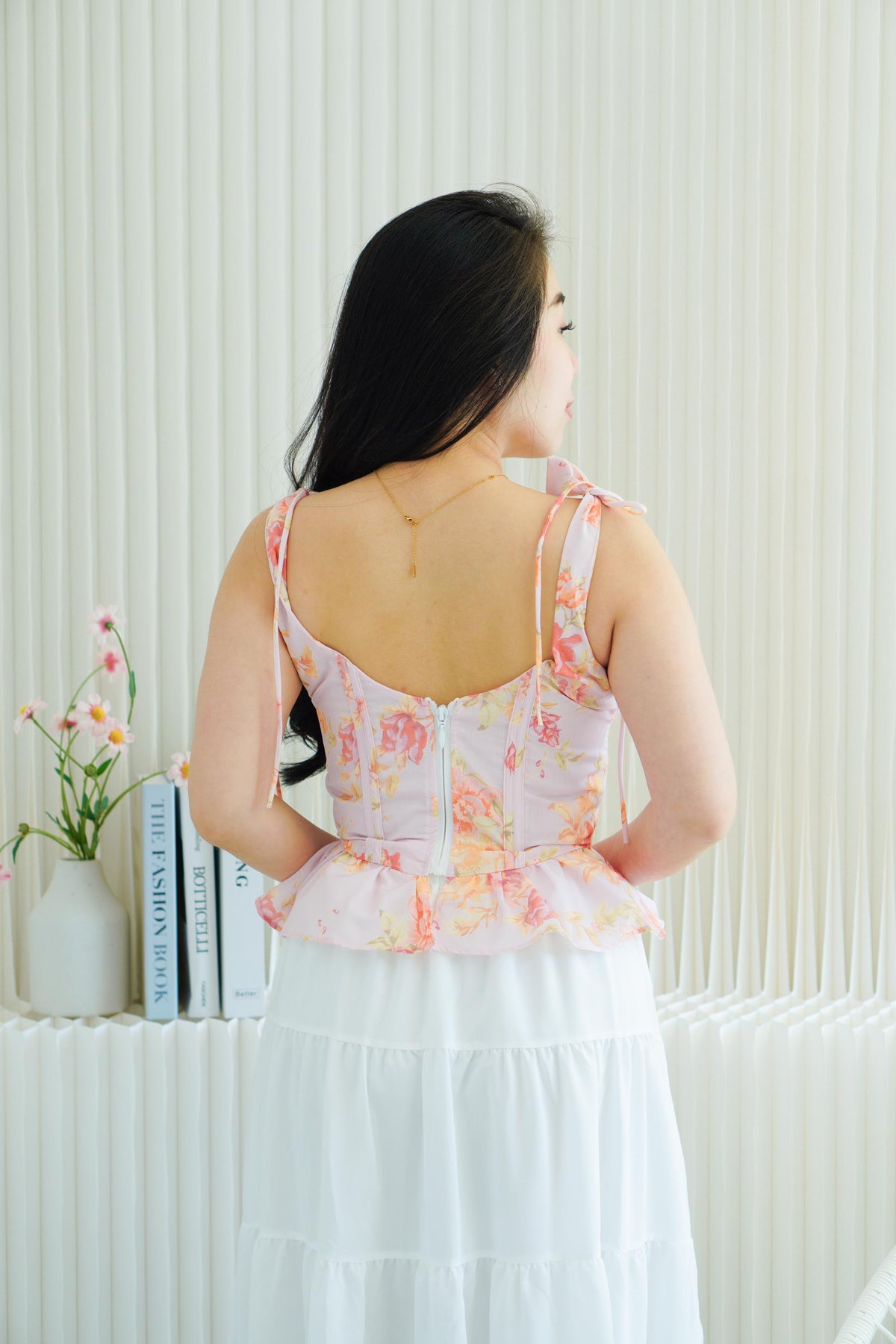 Eulalie Floral Self Tied Corset Peplum Top in Pink