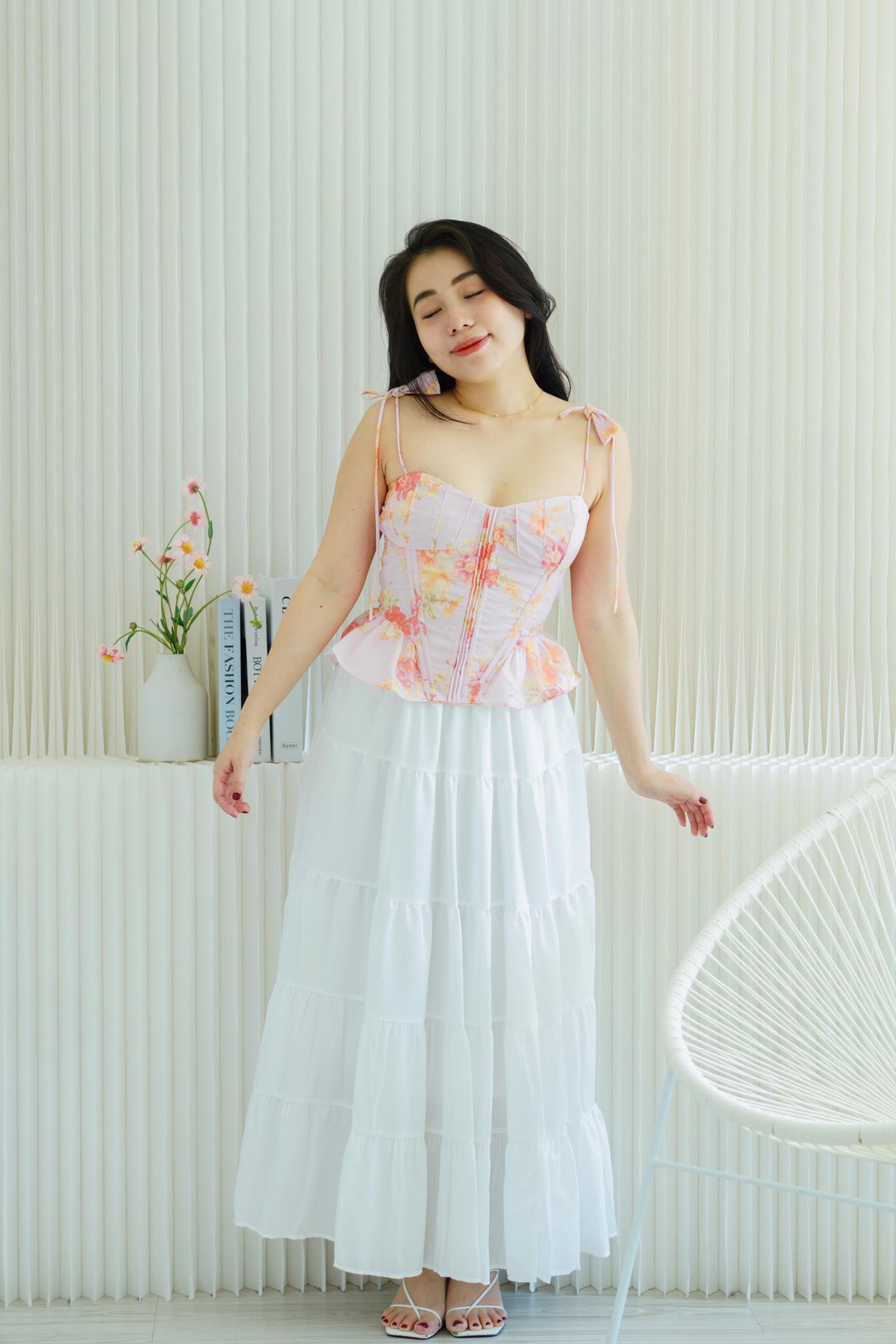 Eulalie Floral Self Tied Corset Peplum Top in Pink