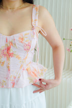 Eulalie Floral Self Tied Corset Peplum Top in Pink