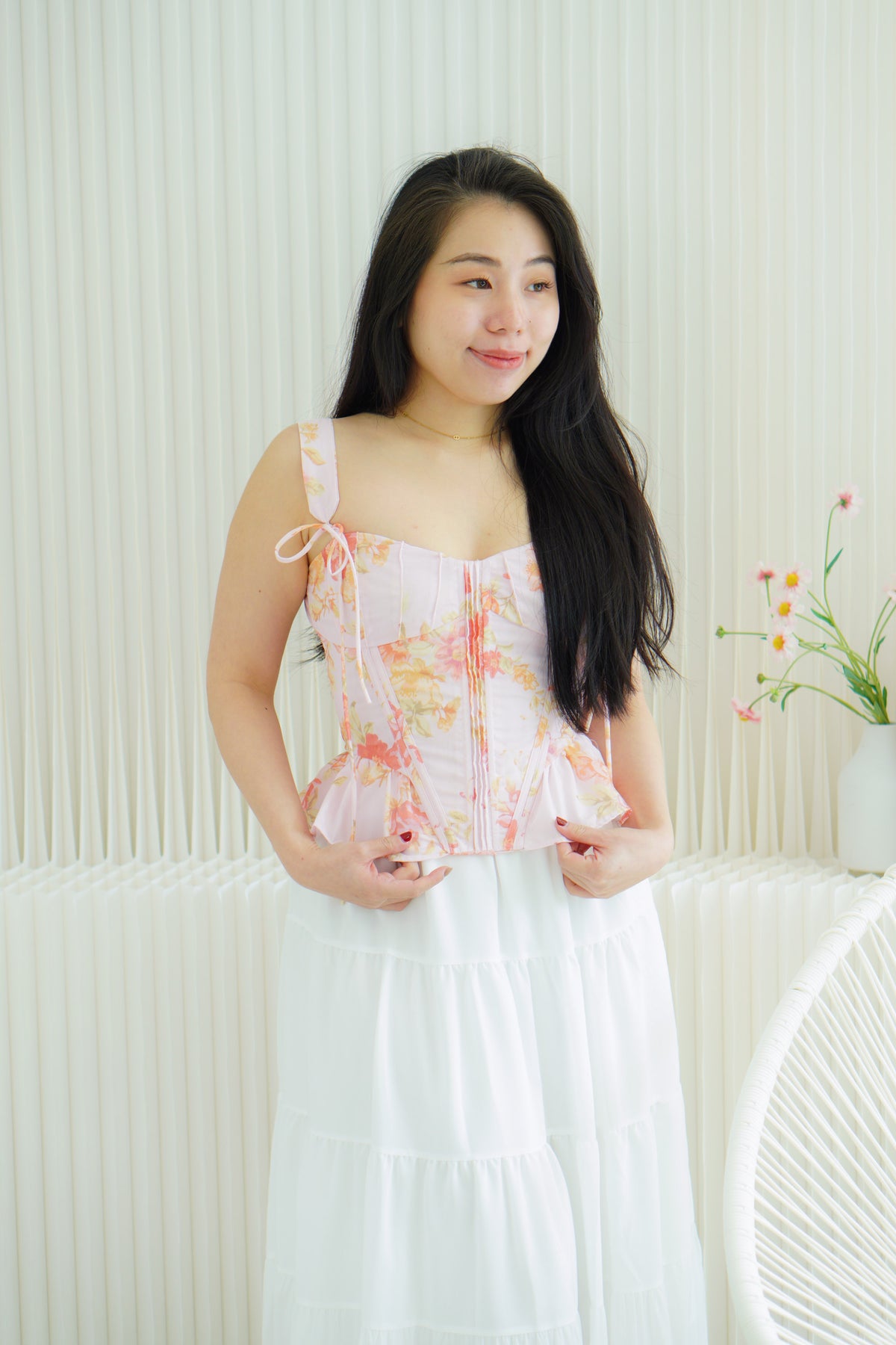Eulalie Floral Self Tied Corset Peplum Top in Pink