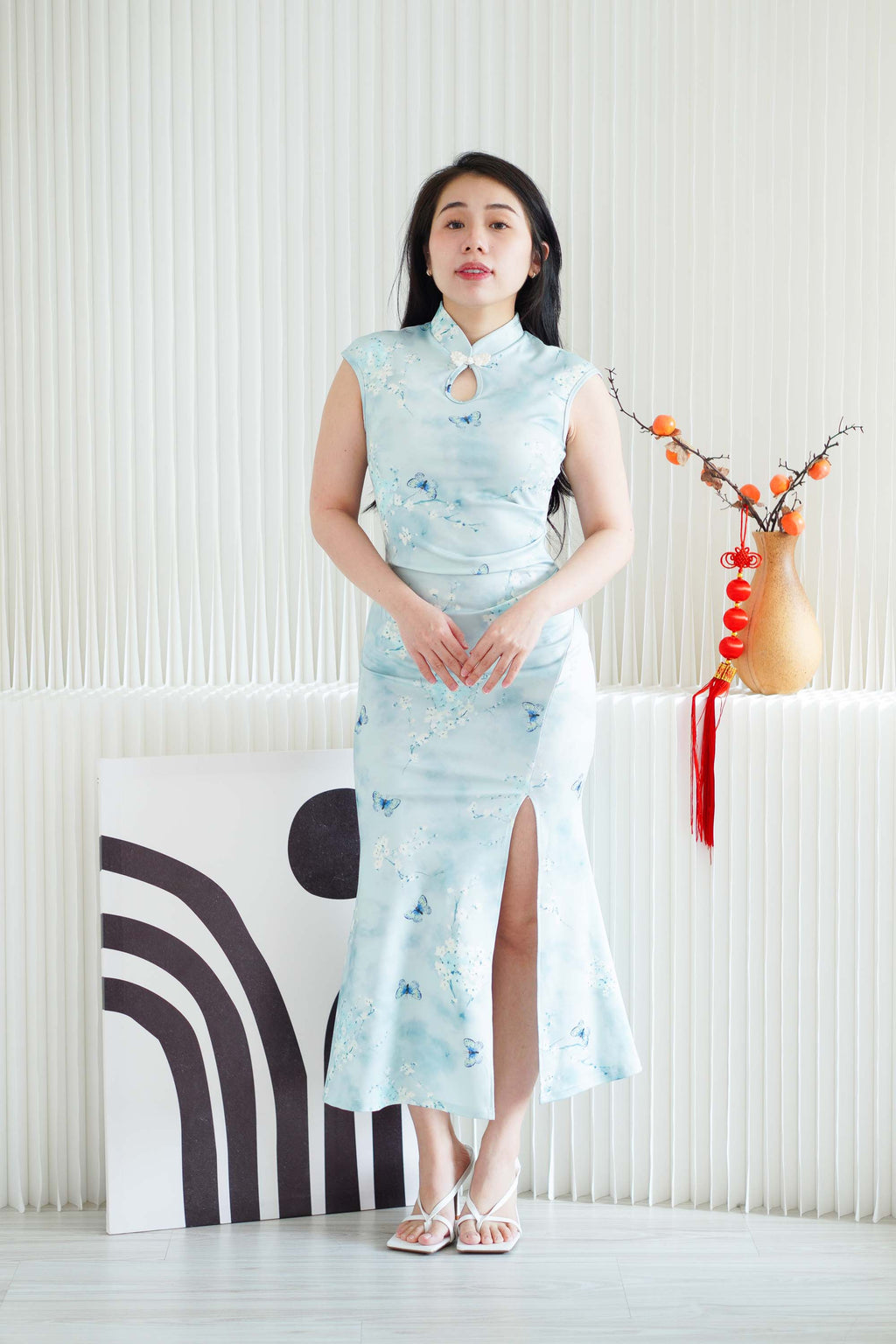 Xuan Ning Long Ruched Floral Cheongsam in Teal Green