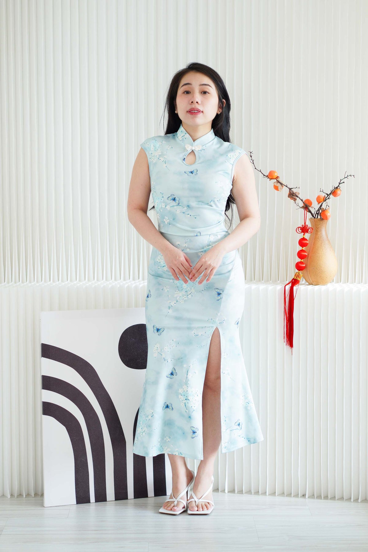 Xuan Ning Long Ruched Floral Cheongsam in Teal Green