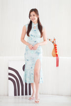 Xuan Ning Long Ruched Floral Cheongsam in Teal Green