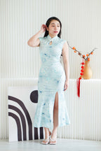 Xuan Ning Long Ruched Floral Cheongsam in Teal Green