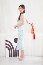 Xuan Ning Long Ruched Floral Cheongsam in Teal Green